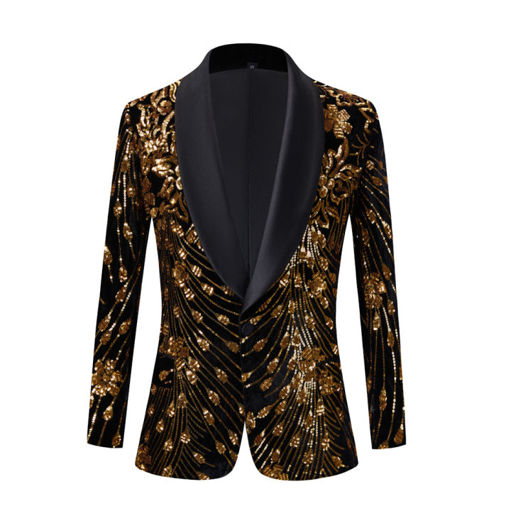 Mens Luxury Gold Sequin Blazer Jacket Shawl Lapel One Button Shiny