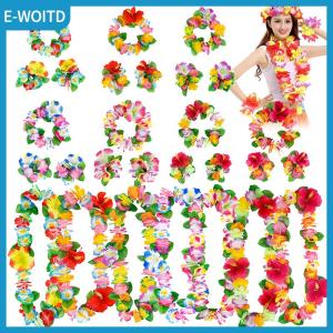 【E-WOITD】 4Pcs set Hawaiian Flower Leis Garland Necklace Wreath Petal Headband Bracelet Beach Party Decor Wedding Dressing Accessories