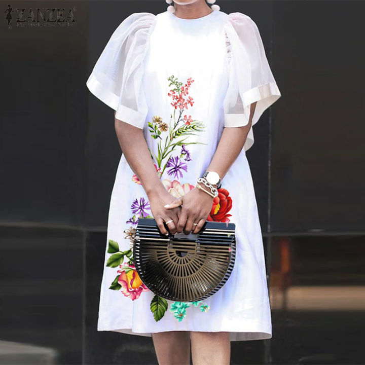 ZANZEA Summer Women Elegant Round Neck Ruffle Short Sleeve Floral Print  Shift Dresses #12 Lazada PH