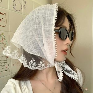White Lace Headband Turban Head Kerchief Floral Hair Bandana Triangle Headwear Hair Scarves Sweet Girls