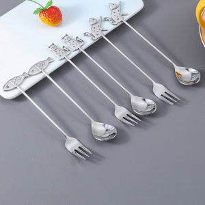 [Sirola] Cute Paintings Cat 304 Stainless Steel Spoon Hollow For Coffee Tea Dessert Spoon Kitchen Tableware Gifts For Students Children