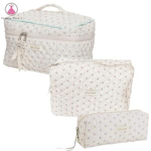 【NEW】 Women Padded Clutch with Zipper Quilted Cosmetic Pouch Cotton Floral Printed Large Capacity Female Girls Storage Bag Set