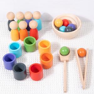 Wooden Peg Dolls Game Rainbow Color Sorting Toys 7 Pcs Dolls with Cups Matching Game Montessori Toy for Toddlers