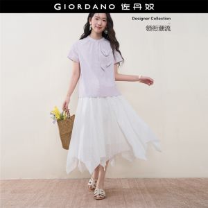 GIORDANO Women Shirts 3D Flower Gathered Round Neck Blouses Short Sleeve Fashionable Casual Loose Blouses 18346103