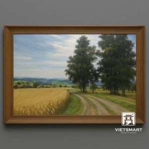 Tranh Nghệ thuật "Cánh Đồng Lúa Mì Và Con Đường Ở Thụy Sỹ" VIETSMART ART - Sơn dầu trên toan vải 45 x 60cm