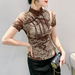 Ammin 2024 Mùa Hè Mới Cổ Điển Nút Nhà Máy Thời Trang in hoa áo sơ mi ngắn tay Phụ Nữ Mới Của Trung Quốc Đứng Cổ Áo kích thước lớn Áo Blouse thanh lịch