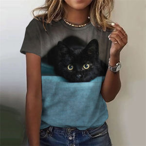 [Local Stock] HBESTY Halloween Christmas Cute Animal Cat 3D Printed T Shirt For Women Funny Cat Pattern Tees Summer Harajuku T-Shirts Round Neck Loose Short Sleeves Tops