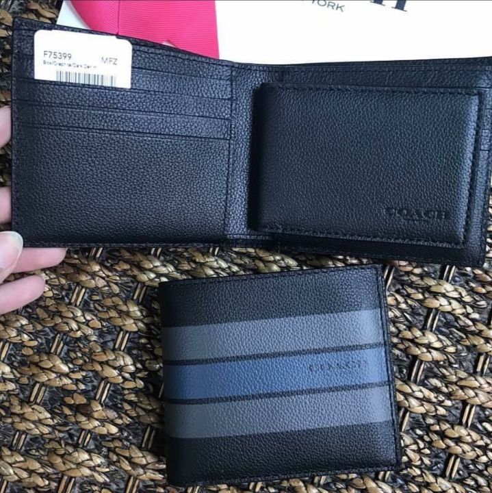 Coach Men’s Slim Wallet F75399 Compact ID Varsity Stripe Print in Smooth Calf Leather Bifold