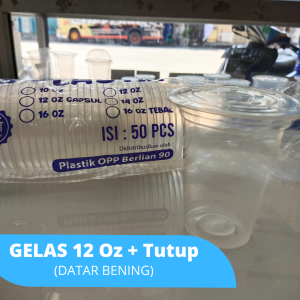 Gelas Plastik 12 Oz + Tutup DATAR ISI 50 PCS . Gelas Plastik Cup 12oz 355 ML . Cup Plastik 12 Oz