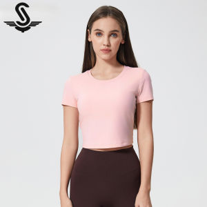 Succming Pilates Yoga Short Sleeve Women Hollow Out Beautiful Back Drawstring Ruched Breathable Outdoor Sports Fixed Cup Fitness Top D25061