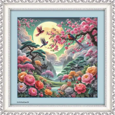 PHÔI Tranh thêu chữ thập phong cảnh hoa mẫu đơn 2119 63*63cm - thêu kín