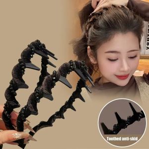 OMQAIO Toothed Wave Headband with Beaded Fluffy Korean Style High Cranial Top Headband Versatile Headwear Non-slip Hair Hoop Girl/Women