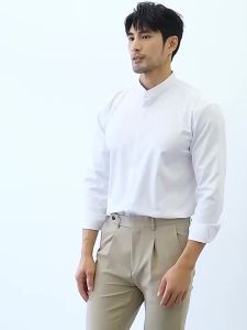 HUILISHI Plain China Collar Long Sleeve Button Mens Fashion Shirt