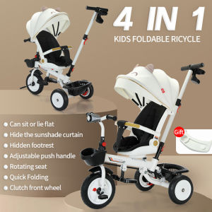 Kids Folding Trike Stroller Reclining Seat with Canopy & Music Foldable Tricycle for Toddlers Parent Steering Push Handle