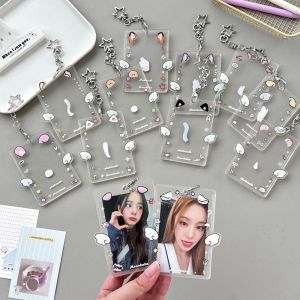 TUS Cartoon Korean Photocard Holder with Keychain Animals Ears Acrylic Transparent Card Bag Multifunctional Wing Photo Photocard Frame Student Friends