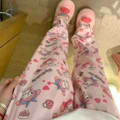 Sanrio Hello Kitty Pajamas Pants Kawaii Women Flannel Home Clothes Anime  Plush Pajama Bottoms Casual Outgoing Trousers Girl Gift