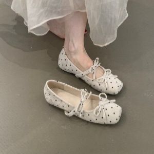 Free Shipping Square-Toe Bowknot Polka Dot Flats For Women New Autumn Style Single-Strap Ballet Flats With Soft Soles Versatile Shoes