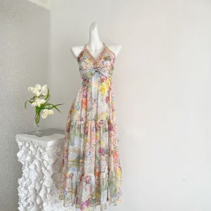 2026 Summer New French Style Waist Cinched Maxi Dress Women V Neck Sleeveless Slip Dress Elegant Long Dress