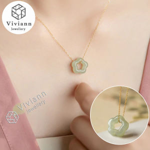 Viviann Natural Hetian jade plum pendant necklace female hollow design collarbone chain 925 Silver Gifts for Chalcedony Women Amulet Fashion Jewelry Necklace for Women Handmade Jewelry Accessories