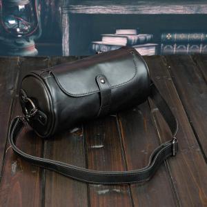 Crazy Horse Leather Men Sling Bag Round Messenger Shoulder Bag