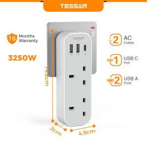 TESSAN Extension Plug Socket With USB Type C 插头插座多功能 3 Way Adapter Multi Plug 3-Pin Socket