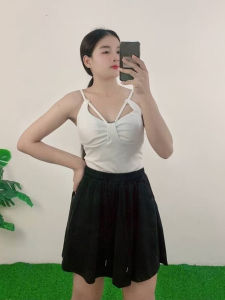 ชุดเซ็ต2ชิ้นเรียบหรูใส่สบาย เสื้อถักสายเดี่ยว+กระโปรงพลีทสีดำ