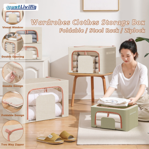 JustLiving 24/66/100L Foldable Clothes Storage Box with Steel Rack Stackable Wardrobe Linen Clothes Storage Box Sorting Box Large Folding Wardrobe Household Storage Basket Cloth Box Artifact