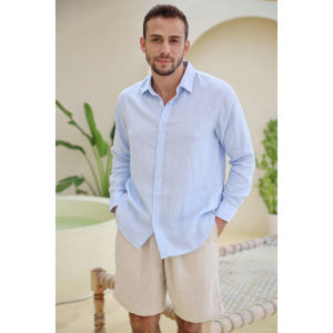 DODEP Áo sơmi nam 100% linen premium tay dài màu xanh da trời