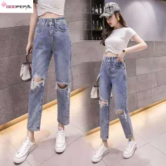 Goopepal Korean Style Women Jeans Pants Casual Loose Fashion Denim Pants  Slim Fit Elastic Waist Side Large Pockets Trousers Overalls