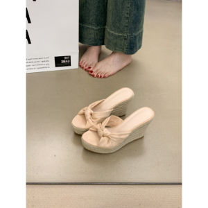 [Free Shipping] Summer Gentle Style Nude-Colored Bow-Knot Wedge Sandals WomenS Straw-Sole Platform Sandals Waterproof Open-Toe For Outdoor Wear Casual WomenS Shoes