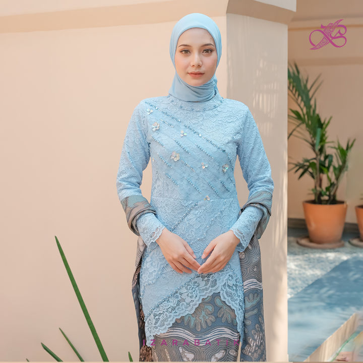 Ivana Ice Blue Gaun Kebaya Batik Modern Brocade Floral Dress