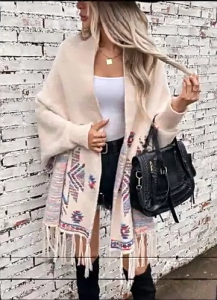 Open Front Cardigan Shrug Ethnic Tassels Geometric Pattern Knit Batwing Sleeve Shawl Wrap Loose Ponchos Capes for Women