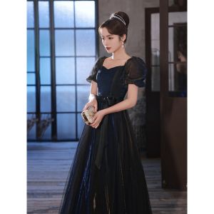 Dark Blue Annual Meeting Evening Dress French Elegant Temperament Square Neck Slim Princess Dresses Host Banquet Gown㏇X0407