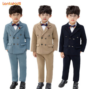 lontakids 2Pcs Boys Jacket Coat + Pants Set Kids Formal Suit Long Sleeve Blue Khaki Blazer Children Birthday Party Competition Speech Wedding Attire Casual Wear Clothing