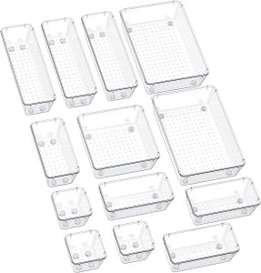 SMARTAKE 13-Piece Drawer Organizers with Non-Slip Silicone Pads 5-Size Desk Bathroom Drawer Organizer Trays Storage Tray for Makeup Jewelries Utensils in Bedroom Dresser Office and Kitchen Clear