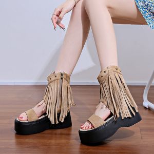Thick-soled Studded Tassel Sandals Womens Summer Open Toe Babes Western Cowboy Boots Versatile Slim Meral Roman Boots