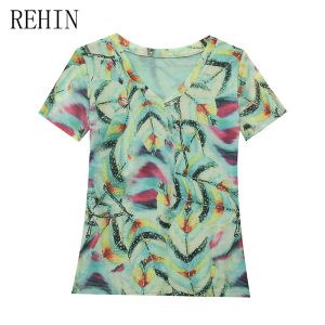 REHIN Summer new fashion mesh printed short-sleeved V-neck T-shirt slim-fit S-3XL  trendy top elegant women blouse