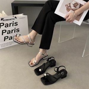Summer New French Fairy Style Square Toe Pearl Line Strap Toe Clip Toe Mid-heel Sandals for Women