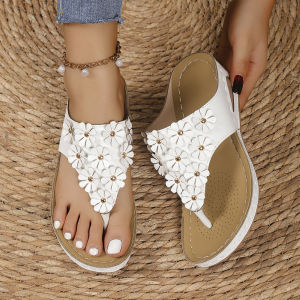 [Free Shipping] Rivet Flower Womens Sandals Size 43 In Stock Wedge Heel Womens Flip-Flop Sandals