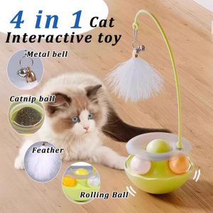 VetNourish 4 in 1 Cat Toys Turntable Ball Cat Stick Feather Windmill Bite-Resistant TrackIntellectual Track Tower With Catnip Balls For Indoor Cats Supplies Spinner Cat Accessories Interactive Ball Toy Automatic Cat Teasing Toy