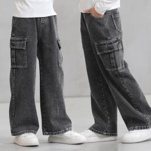 Korea Jeans Cargo Pants for Kids Boys with 6 Pockets Loose Fit Jeans Fashion Cargo for Childrens Light Blue Jogging Pants