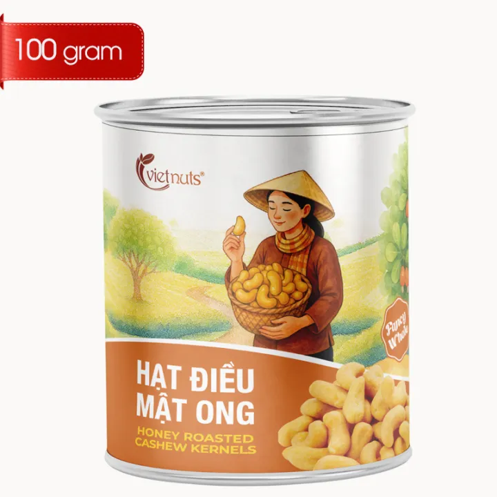 Vietnuts - Hạt điều mật ong lon 100g cao cấp | 0% cholesterol - thơm ngon, giòn rụm | hạt dinh dưỡng cao cấp
