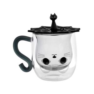 LINSBAYWU Glass Coffee Mugs Cartoon Cat Double-Walled Espresso Coffee Cups Insulated Cute Water Cups Summer