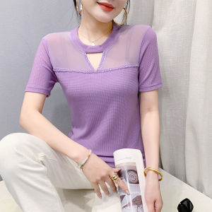 Yige 2025 Mùa Hè dáng ôm mới cổ tròn Nail Bead tay ngắn Tím Mờ T-Shirt Cho Phụ Nữ Đơn Giản Và Thời Trang lưới hở Top