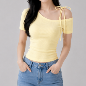 Buy 1 Take 2 or More KILY Womens Ribbed Knit Off Shoulder Top Asymmetrical Neck Tie Strap Slim Fit Casual Summer Tee