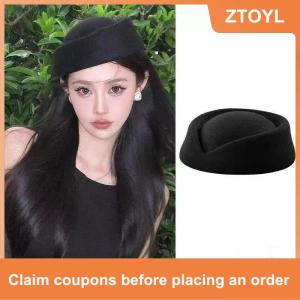 【ZTOYL】 Beret Hat Caps Airline Stewardess Flight Attendant Vintage Hat Black Flat Top Hat Hair Clip Hair Accessories