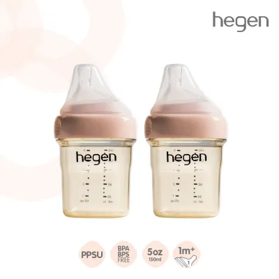 Hegen ขวดนมพรีเมียม 5oz/150ml (แพ็ค 2 ขวด) จุกนมเบอร์ 1 Slow Flow (1เดือน+) แรกเกิดใช้ได้ ขวดนมสีชา ทรงเหลี่ยม จุกเสมือนนมแม่ ปลอดสาร BPA Feeding Bottle