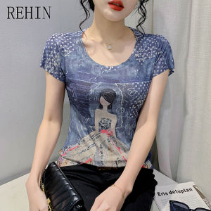 REHIN Womens top Summer new fashion unique print short-sleeved T-shirt cotton bottoming shirt S-3XL slim fit blouse