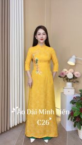 Áo Dài Chất Liệu Gấm Hoa Cao Cấp Họa Tiết Thêu Thủ Công Tỉ Mỉ - Mã C26 Màu Vàng