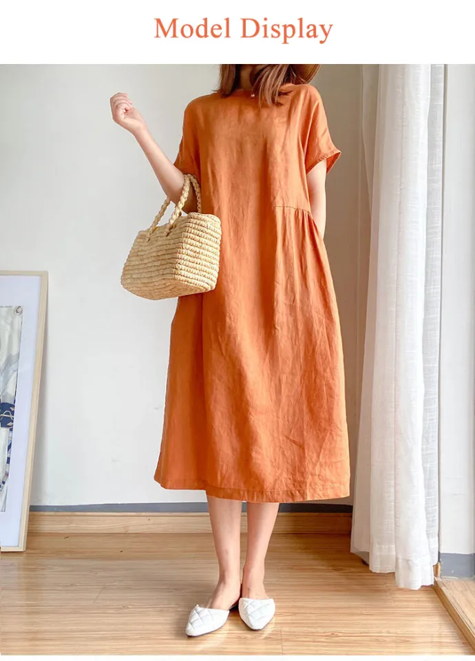 Japanese Style Linen Cotton Long Dress Large Women's Casual Loose Fit Dress  | Lazada Singapore